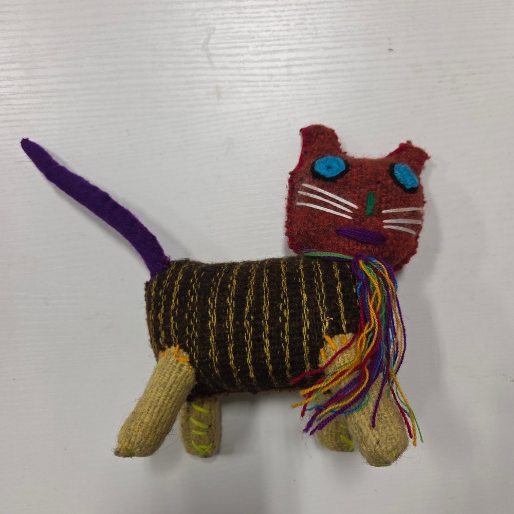 Handmade Folk Art Wool Cat Plush Striped Woven Stuffed Animal Boho Decor Multi